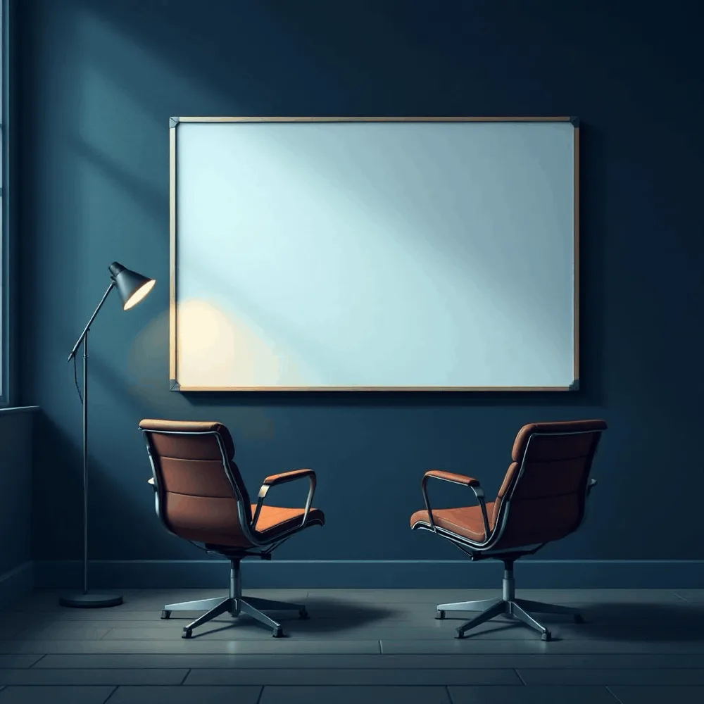 A dim room with a blank whiteboard and two empty chairs