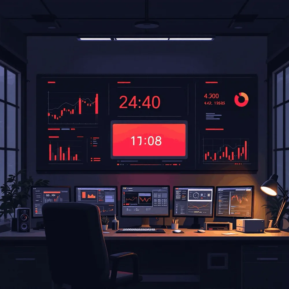 A dark executive war-room, the fiscal year counting down in red